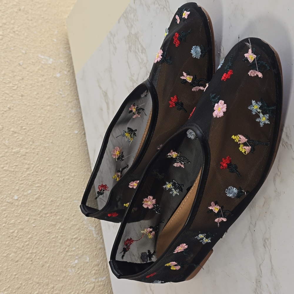 Atalina Floral Embroidered Black Mesh Women's Shoes